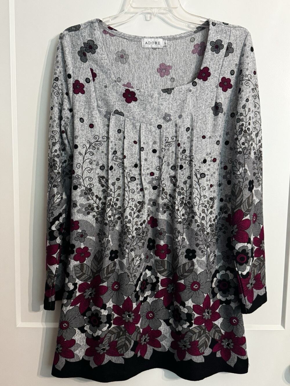 ADORE Tunic Shirt Sz L Floral Top Gray Purple Boho LagenLook Fairy Comfy